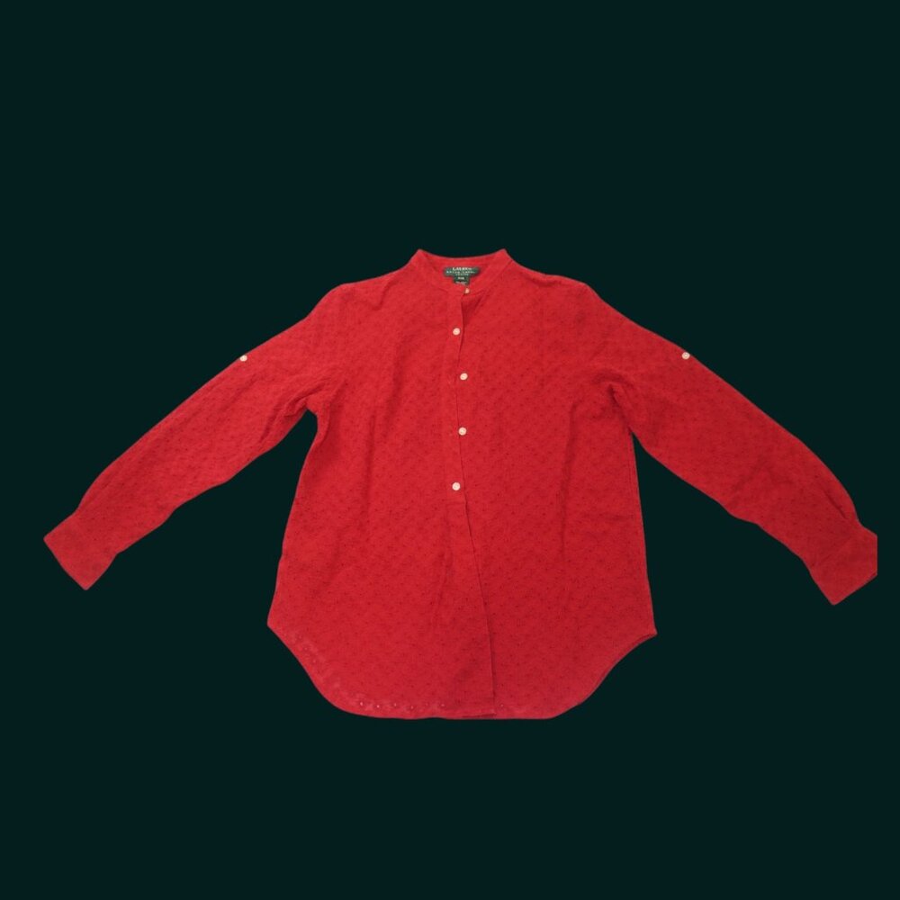 Lauren Ralph Lauren Petite Red Embroidered Button Front Blouse P/M